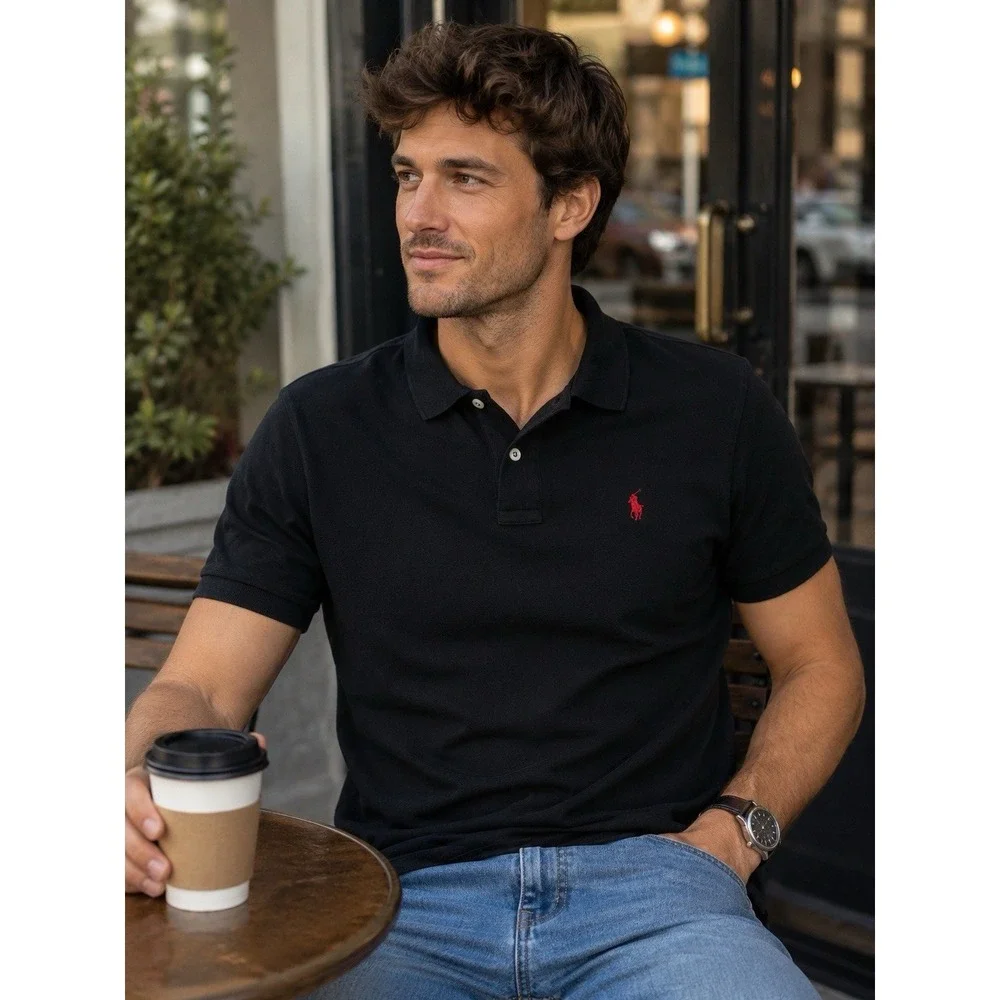 Polo Ralph Lauren Mens L Black Classic Fit Pique Polo Shirt Red Pony Preppy Golf